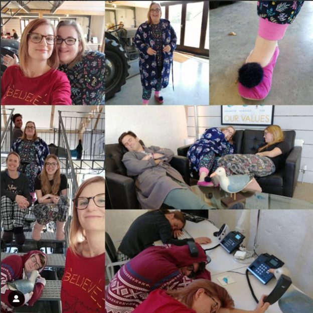 Collage of employees wearing pyjamas to work on Best of Suffolk’s PJ Day.